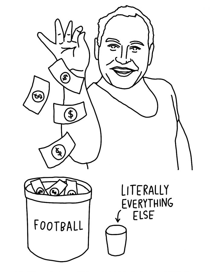 Graphic of Taylor Eighmey dropping money into a bucket labeled football.