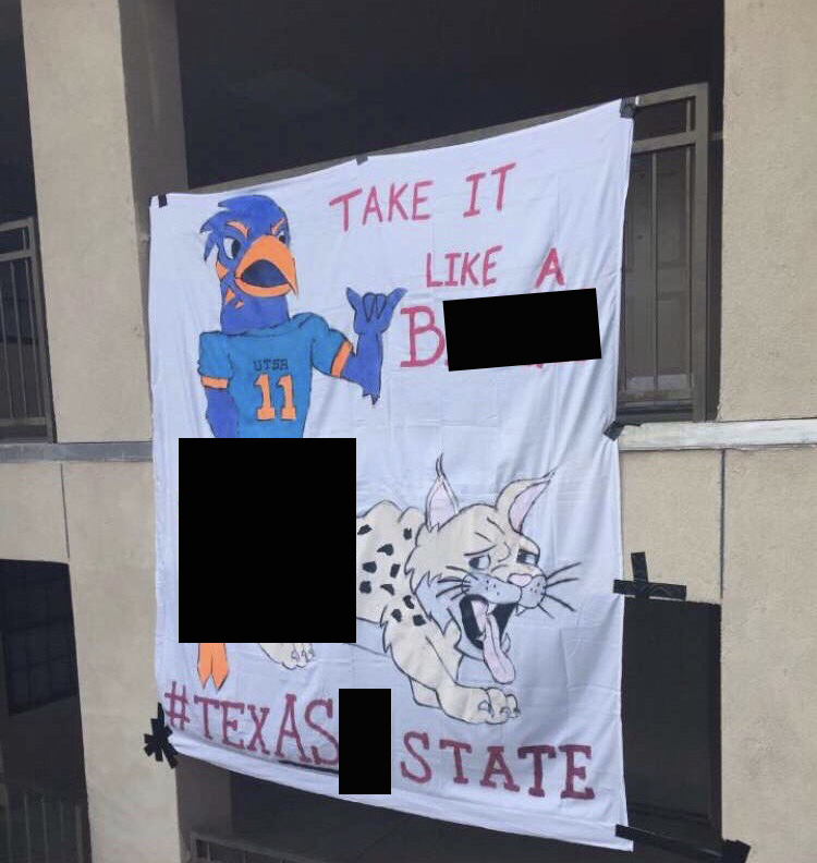 Banner hung at on-campus dormitory.