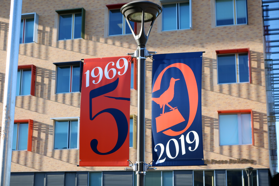 Special banners made to recognize anniversary.