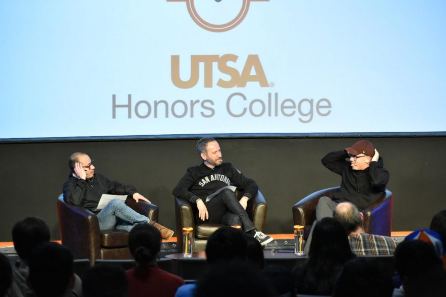 Shea Serrano (far right) discusses publishing industry with hosts of the conference. The event was held in the Retama at UTSA.