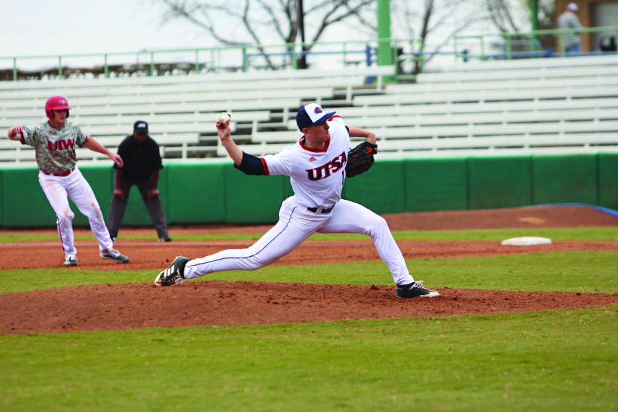 Pepper Jones throws a pitch against the University of the Incarnate Word Cardinals during the Alamo Irish Classic on Feb. 23 at Nelson W. Wolff Stadium.