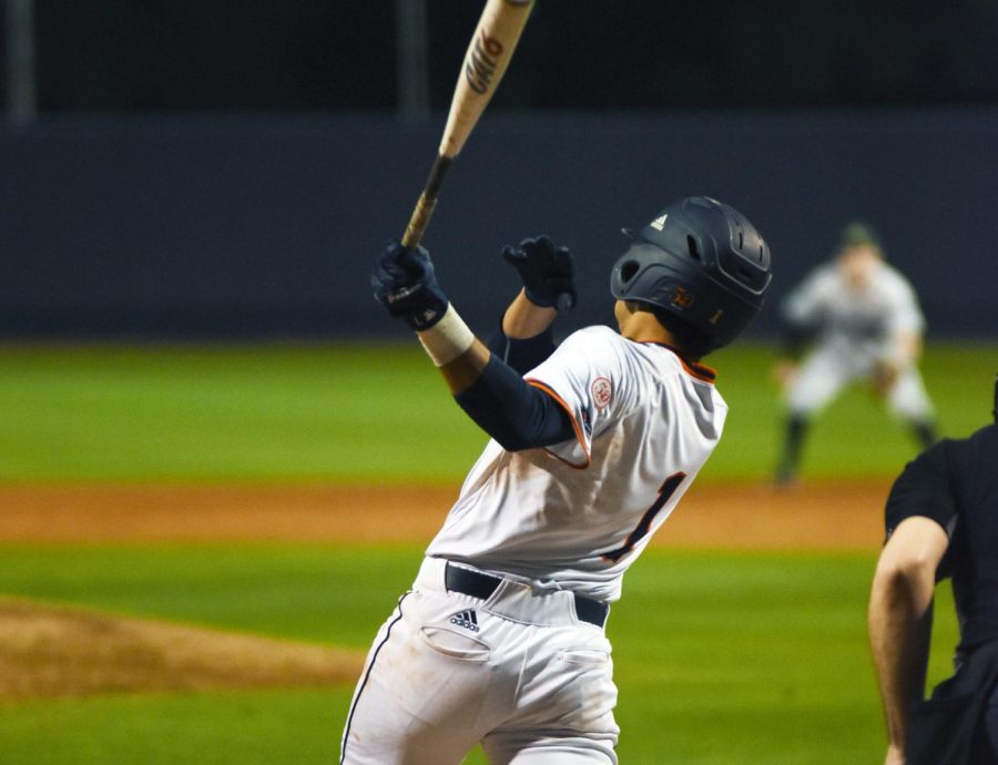 Jonathan Tapia swings at a pitch in a game. UTSA was about to kickoff conference play against the Charlotte 49ers when the outbreak of COVID-19 halted all sports in the United States and around the world Photo by Jack Myer.