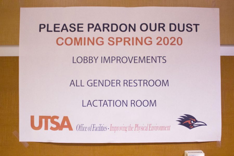 Sign posted outside of JPL construction for new all-gender bathroom. The JPL all-gender bathroom will be the university’s 12th.