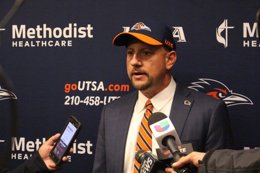 Jeff Traylor speaking to the media during his introductory press meeting. Traylor becomes the third head coach in UTSA football history. 