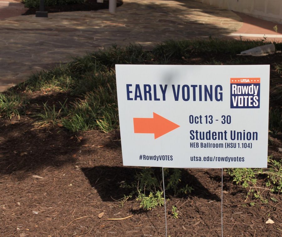 A sign with information about where to vote and how long the early voting period will last. UTSA will be hosting early voting and Election Day voting in the H-E-B Student Union Ballroom. 