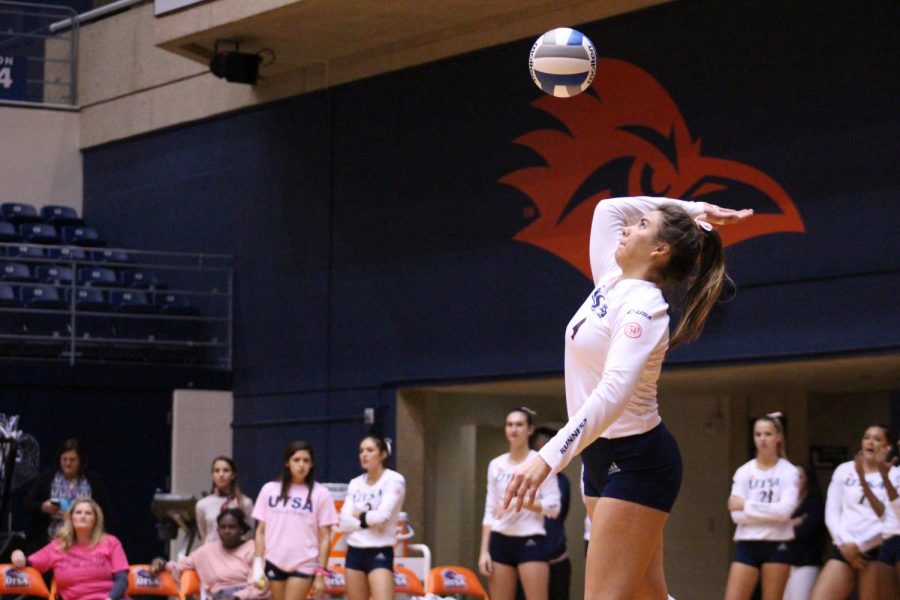 Hannah Lopez serves the ball into play for UTSA in a game last season. Lopez registered back to back double-doubles to begin the season.