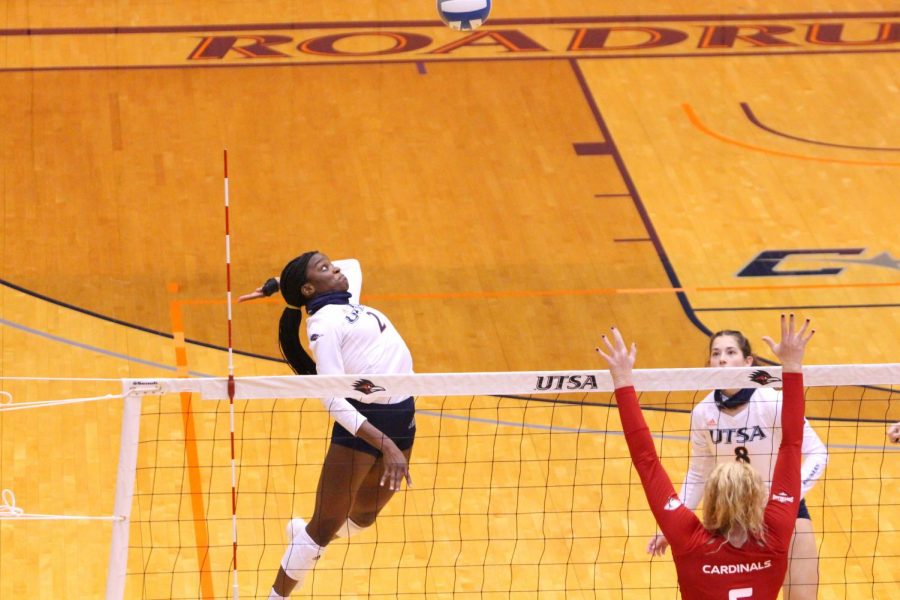 Bianca Ejesieme goes for a cross court spike during the game against UIW. Ejesieme tallied a career-best 17 kills and five blocks during the game, helping earn her Conference USA Player of the Week honors.