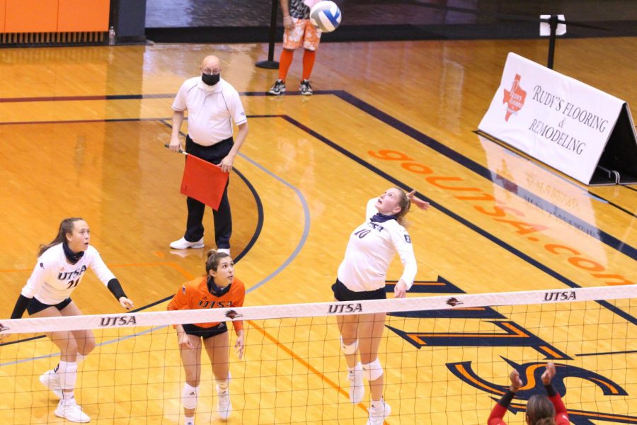 Kirby Smith readies to spike the ball during a game earlier this season. Smith recored her second double-double of the season on Friday against North Texas, leading the offense with 19 kills.