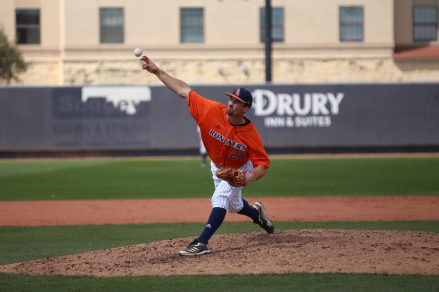 Shane Daughety delivers a pitch during a game against UT Arlington earlier this season. Daughety is off to a fast start on the mound, holding a 2-0 record in four appearances this season, all while allowing 6.75 hits and striking out 9.4 batters per nine innings.