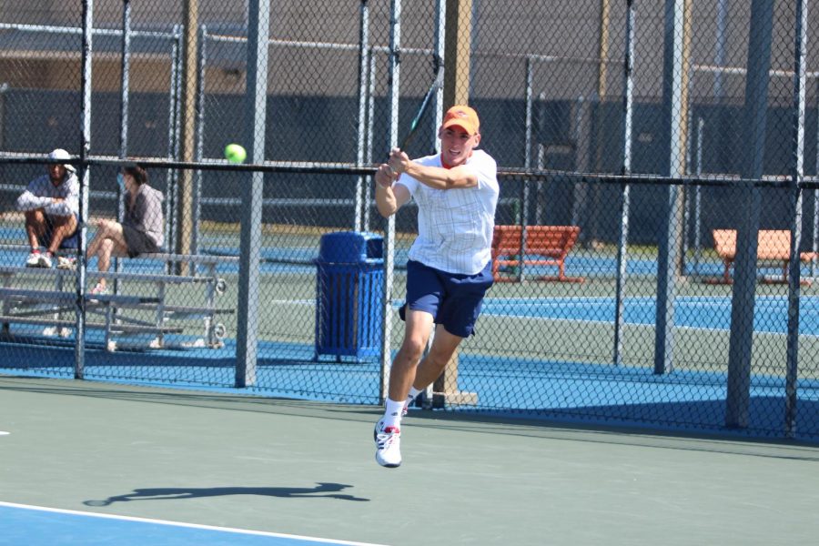 Joao Ceolin returns a ball during a match earlier this season. Ceolin has compiled a 10-3 overall record in singles play and  an overall mark of 9-4 in doubles.
