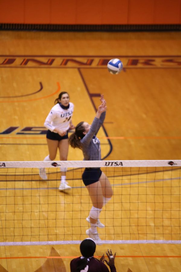 Courtney Walters tosses up a set during a game earlier this season. Walters recorded a team-high 47 assists during Sundays victory over Southern Mississippi.