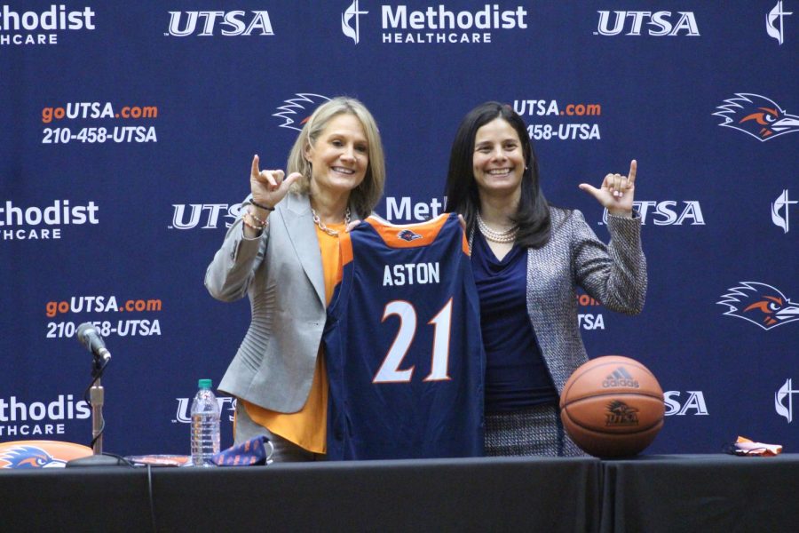 Karen Aston and Dr. Lisa Campos pose for a photo during Aston’s introductory press conference on Friday, April 2. Aston takes over as the 10th head coach in the ‘Runners’ history. 