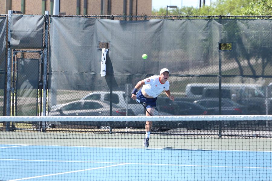 Slava Gulin serves the ball during his match against Texas-Arlington. The freshman from Moscow, Russia has enjoyed a solid start to his UTSA career, holding an 8-5 record in singles play and an overall record of 9-5 in doubles.
