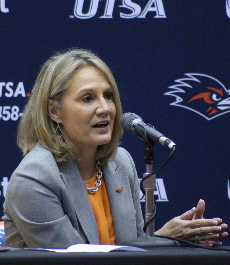 Women’s head basketball coach Karen Aston answers questions from the media during her introductory press conference last month. Aston has wasted no time in filling out her coaching staff and shaping the program in her image.