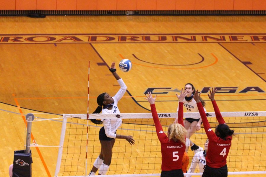 Bianca Ejesieme spikes a ball during a game last season against UIW. Ejesieme has appeared in six games for UTSA this season and is currently averaging six kills a match. 