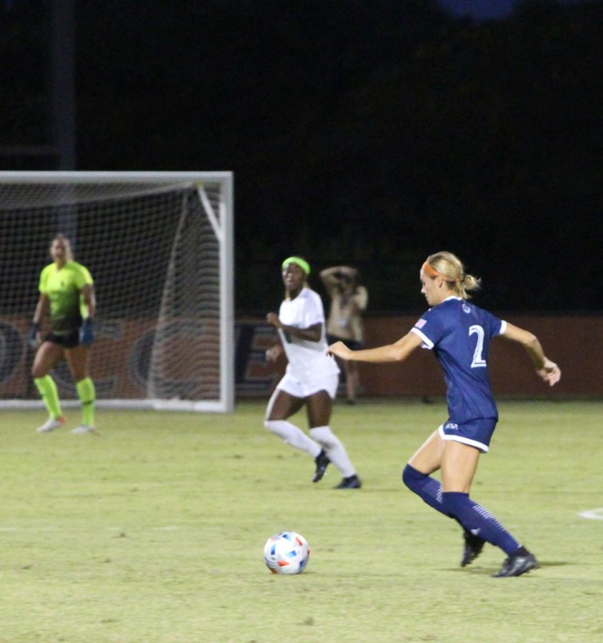 Kendall Kloza takes a shot during a game against UNT earlier this year. Kloza has recorded two goals and one assist so far this season, including the game-winning goal  in a 1-0 victory over A&M-Corpus Christi. Bella Nieto/The Paisano