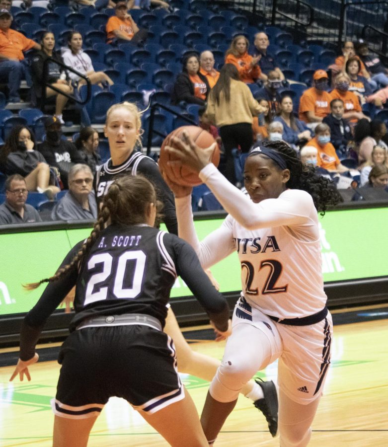 Ceyenne Mass drives to the hoop during UTSAs season opener against Stephen F. Austin on Tuesday night. Mass recorded five points and four rebounds in the loss.