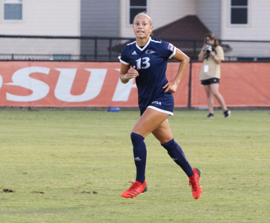Deja Sandoval follows the play during a game earlier this season. Sandoval has two goals for the 'Runners this season, and has appeared in all 18 of UTSA's games, drawing 17 starts. Bella Nieto/The Paisano