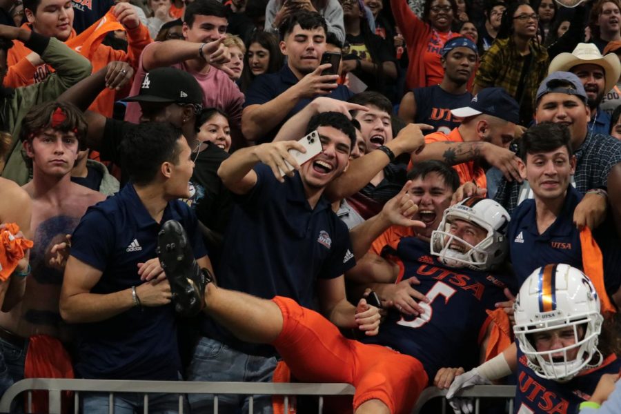 Hunter Duplessis celebrates with the fans following UTSA’s last-second come from behind victory over UAB. Duplessis drilled field goals from 51 and 49 yards during the game and has now converted 20 of the 25 field goals he has attempted this season.