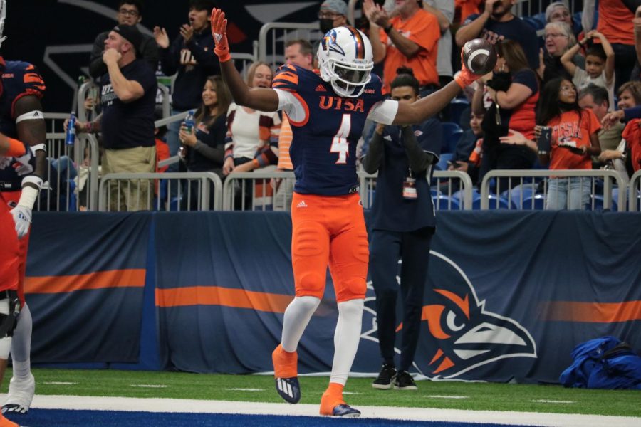 Zakhari Franklin celebrates in the end zone after scoring on a 54-yard catch and run early in the second half of Saturday’s game against UAB. Franklin scored twice against UAB, moving him into sole possession of the UTSA single season record for receiving touchdowns with 10 on the year. 