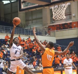 Darius McNeill puts up a layup during UTSA’s game against UTEP on Sunday afternoon. McNeill had his two best games of the season this past week, recording 19 and 20 point performances.