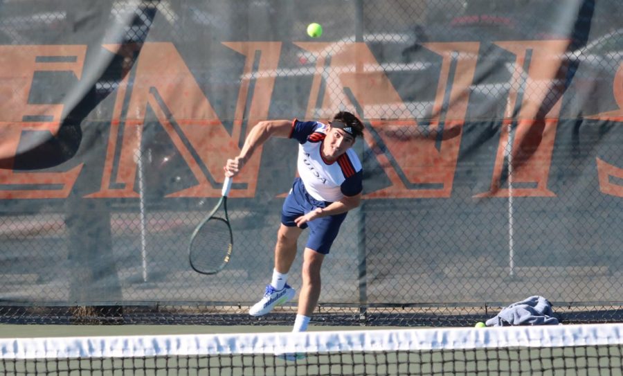 Joao Ceolin fires off a serve during UTSA’s match against UTGRV on Sunday afternoon. Ceolin is currently on a 13-game winning streak in singles play.