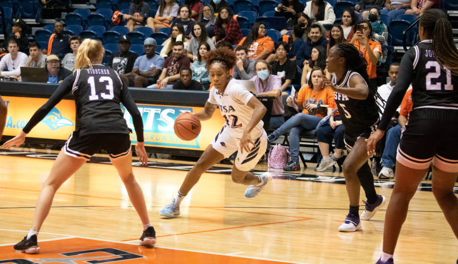 LaPraisjah Johnson cuts into the lane during a game against Stephen F. Austin earlier this season. Johnson leads the ‘Runners in scoring this season, averaging 10 points per game.