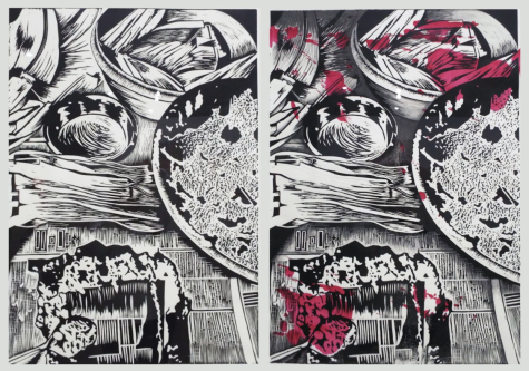 Left: (“Family Tradition,” Brandy Gonzales, 2015 - woodblock) Right: (“Made with Love,” Brandy Gonzales, 2016 - woodblock and serigraph with graphite)