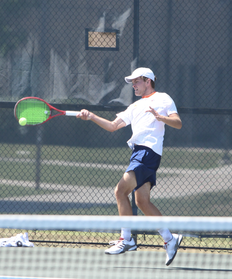 Garrett returns the ball during a rally in a match last season. Skelly was named second team All-Conference USA id doubles last season and is 3-2 doubles this season.