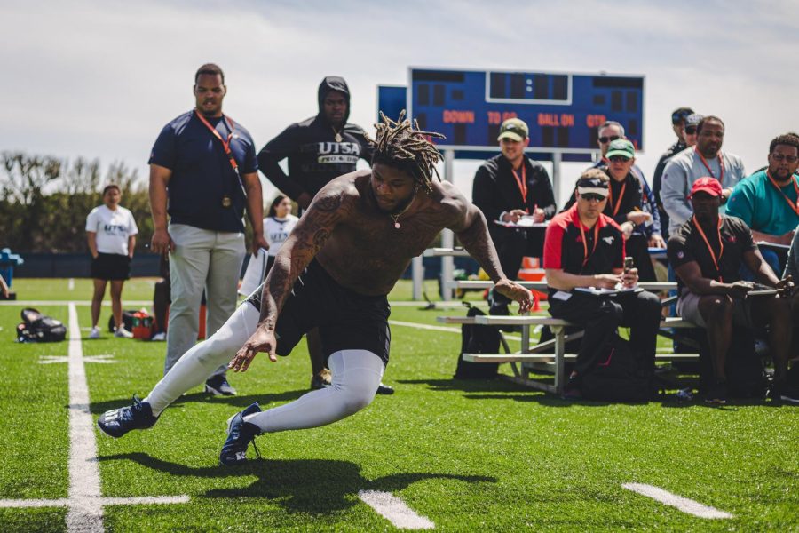 Charles Wiley takes part in the 5-10-5 shuttle drill during UTSAs Pro Day on Wednesday. Wiley, a former linebacker, played in all 14 games last season for the UTSA, recording 36 total tackles, nine tackles for loss, three and a half sacks and two fumble recoveries