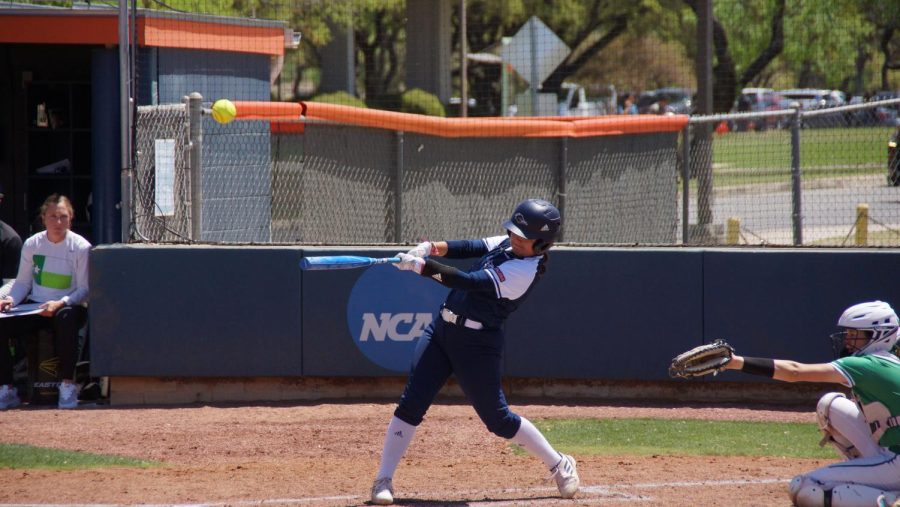 Ciarra Mata launches a ball during UTSA’s series against North Texas. Mata scored twice in the team’s lone win over the Mean Green on Friday.