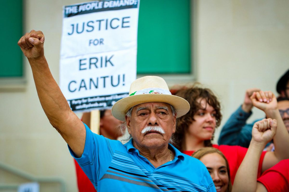 A protester at PSL San Antonios protest on Oct. 11, 2022