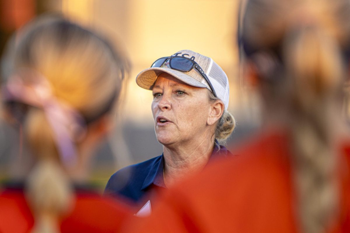 Vann Stuedeman speaks to her team during a timout called Weber State