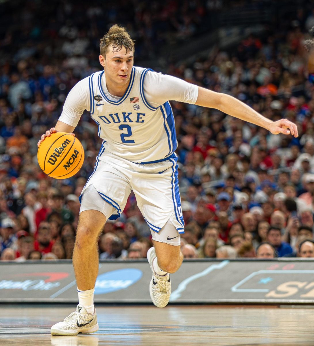 Cooper Flagg drives to the rim in Duke University's 70-67 loss to the University of Houston in the Final Four Saturday, Apr. 5, 2025 at the Alamodome in San Antonio, Texas. 