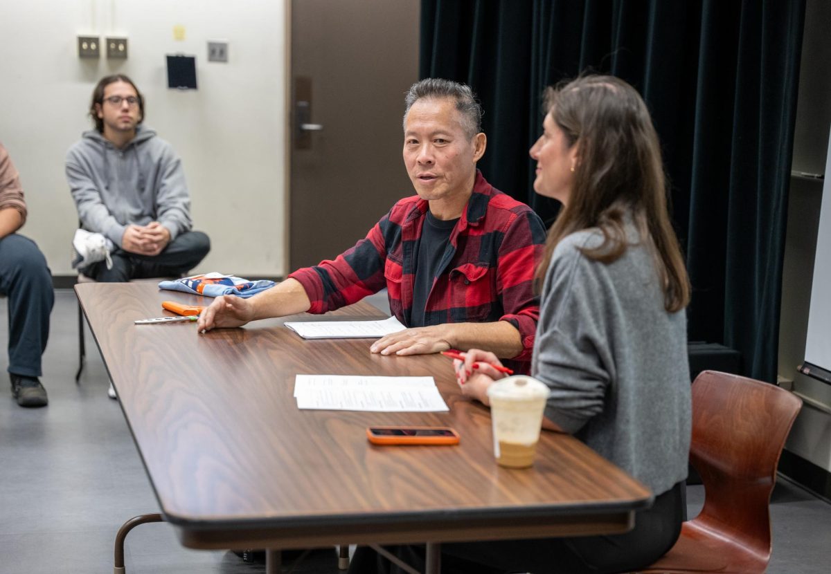 Action designer and stunt coordinator Will Leong (center) and Assistant Professor of Practice Chantel Nasits (right) host “Inside the World of Professional Action Filmmaking” lecture. 
